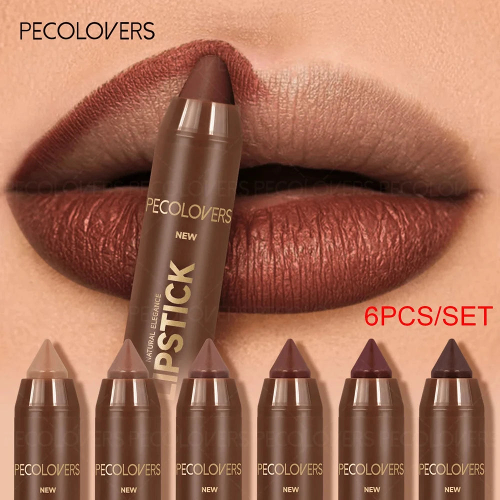 6PCS/Set Waterproof Matte Lipstick Pencil - Contour Tint Lipstick, Non-Stick Cup Lipliner Pen, Long-Lasting Matte Finish, All Skin Types, Beauty Makeup Art, Matte Finish Lipstick