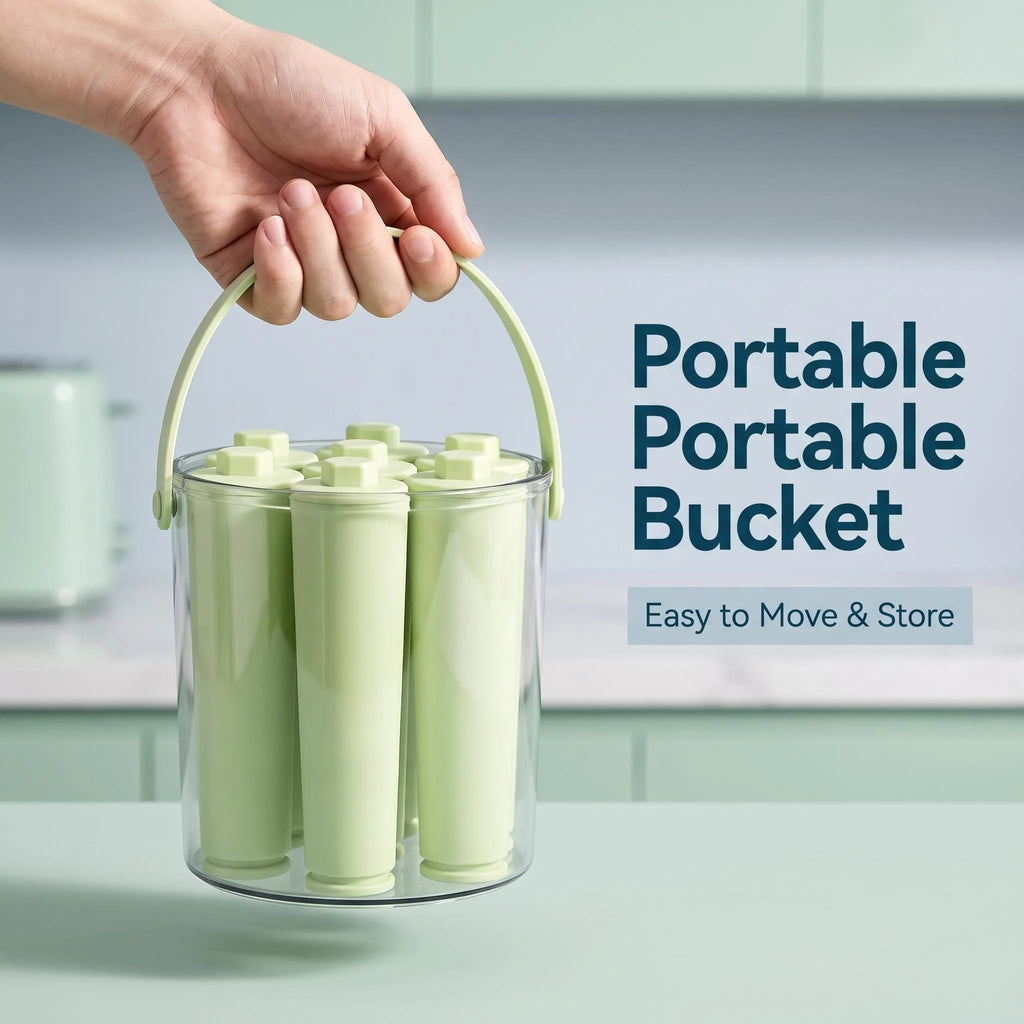 Mint Green Long Ice Pop Mold Set, Easy Press Release Ice Stick Tray with Carry Handle Clear PET Storage Bucket 7 Units for Drink