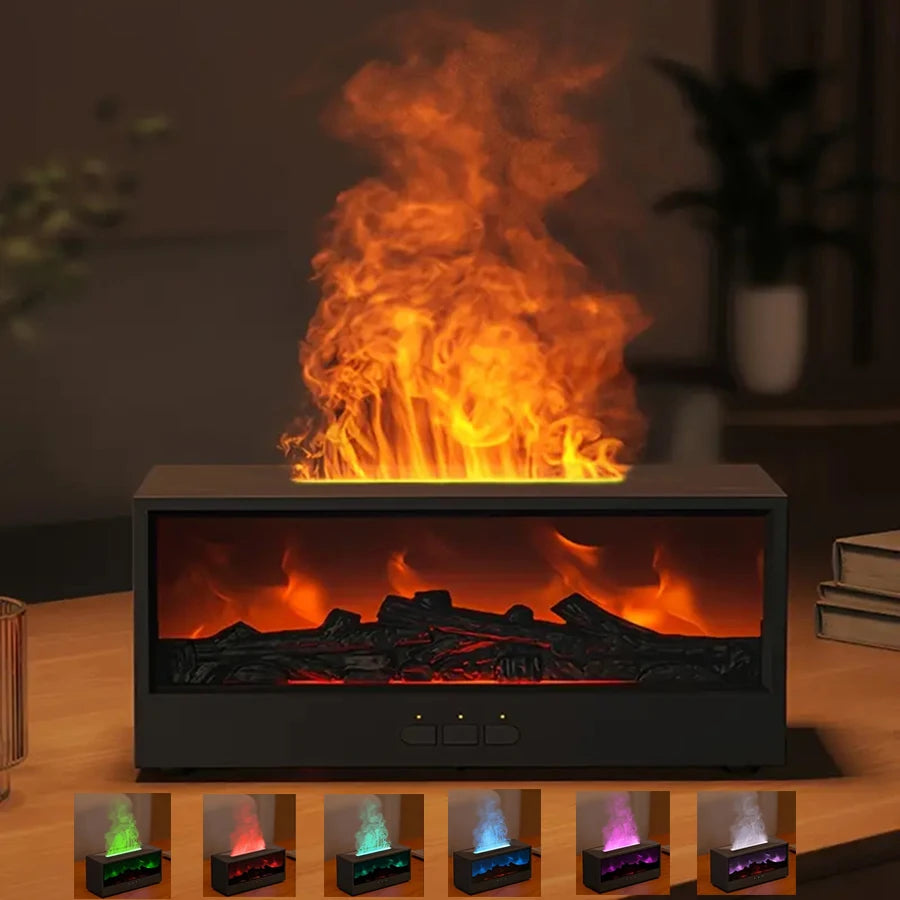 3D flame aroma diffuser humidifier, RGB lights & remote. Timer adjustable, auto shut-off. Ideal for bedroom, office & gifts.