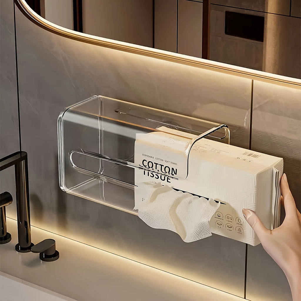 Wall Mount Tissue Box Holder - No-Drill Dispenser with Smooth Pull-Out Design, Space-Saving Inverted Organizer for Bathroom