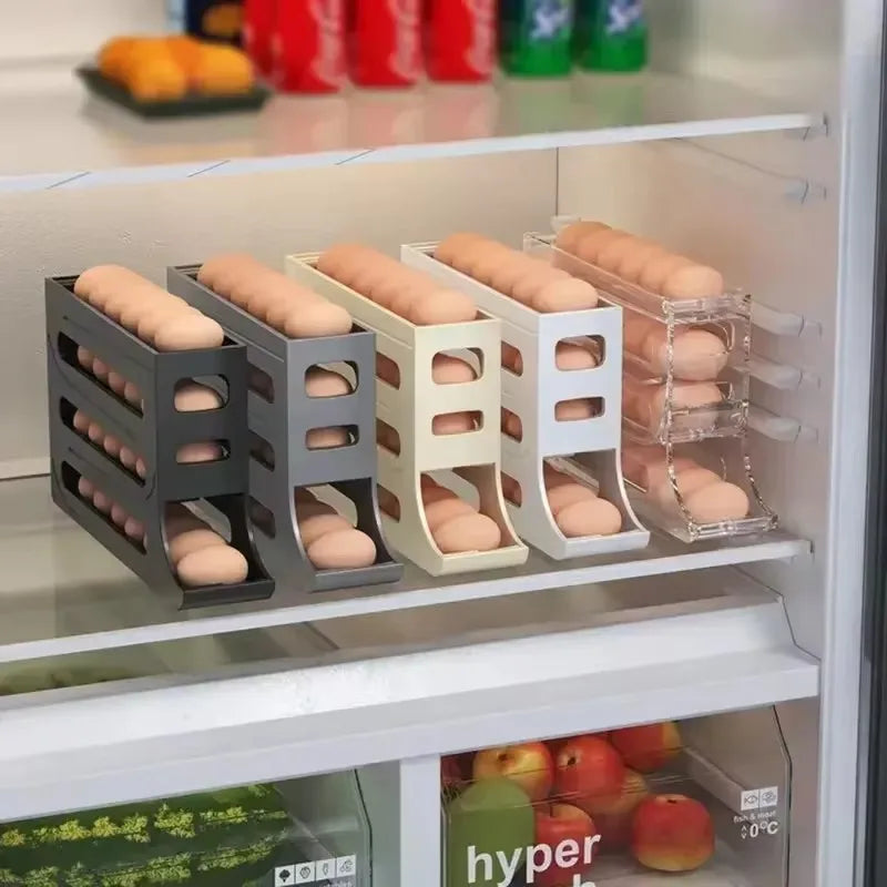 4-Layer Rolling Egg Holder for Refrigerator, Space-Saving Kitchen Fridge Storage Rack