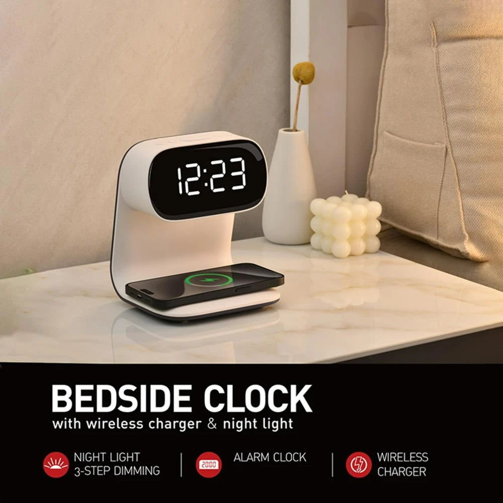 Digital alarm clock with wireless fast charging station, bedside touch smart light, 3-color night light adjustment