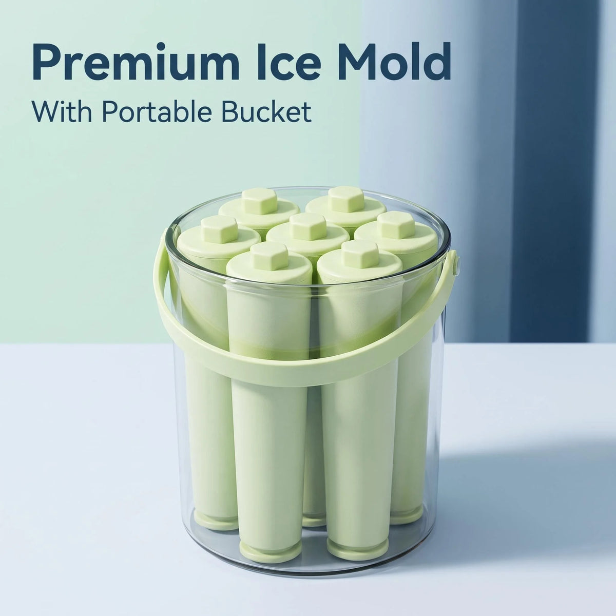 Mint Green Long Ice Pop Mold Set, Easy Press Release Ice Stick Tray with Carry Handle Clear PET Storage Bucket 7 Units for Drink