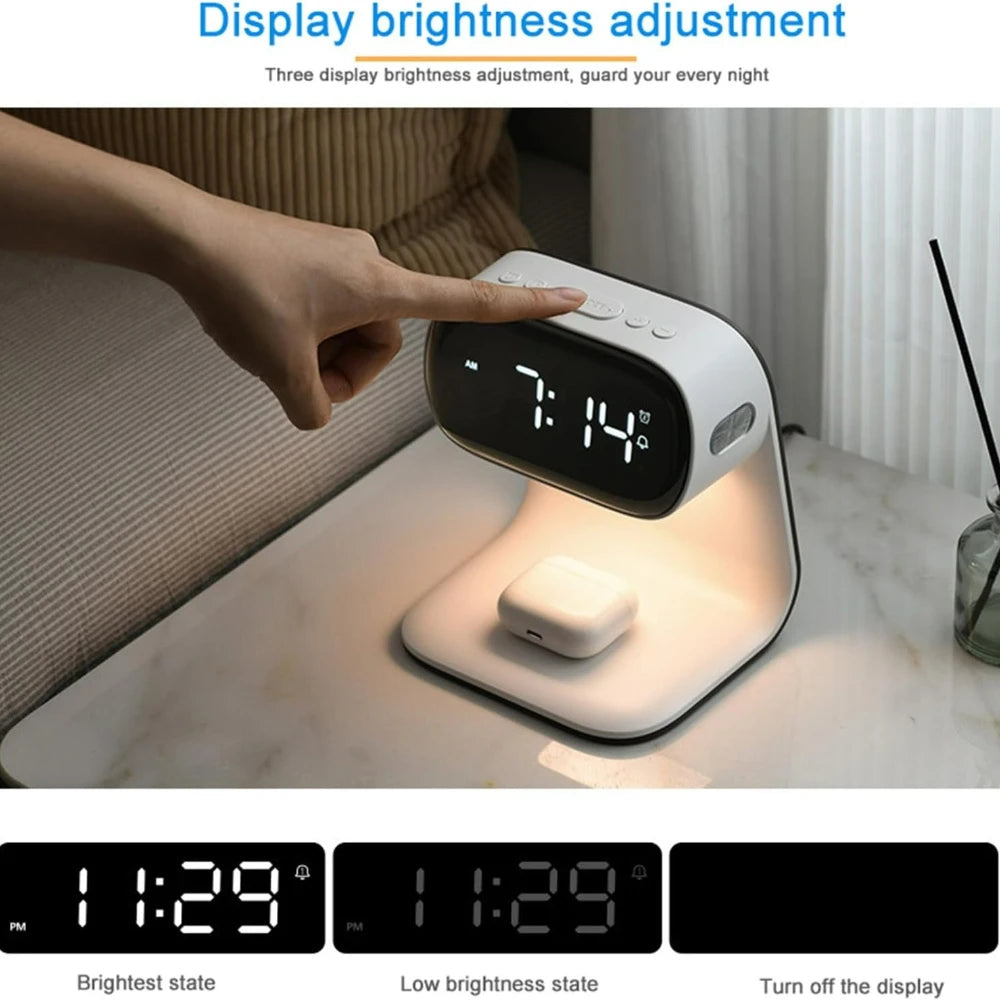 Digital alarm clock with wireless fast charging station, bedside touch smart light, 3-color night light adjustment