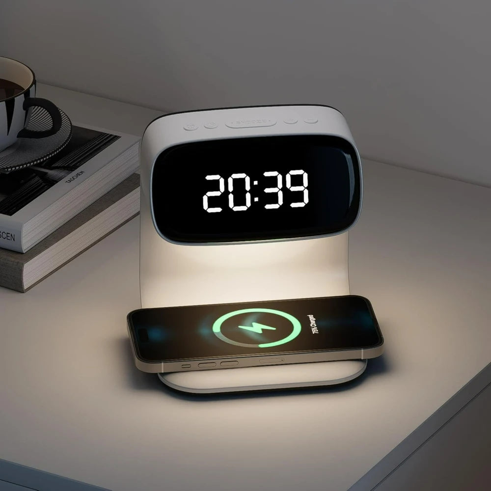 Digital alarm clock with wireless fast charging station, bedside touch smart light, 3-color night light adjustment