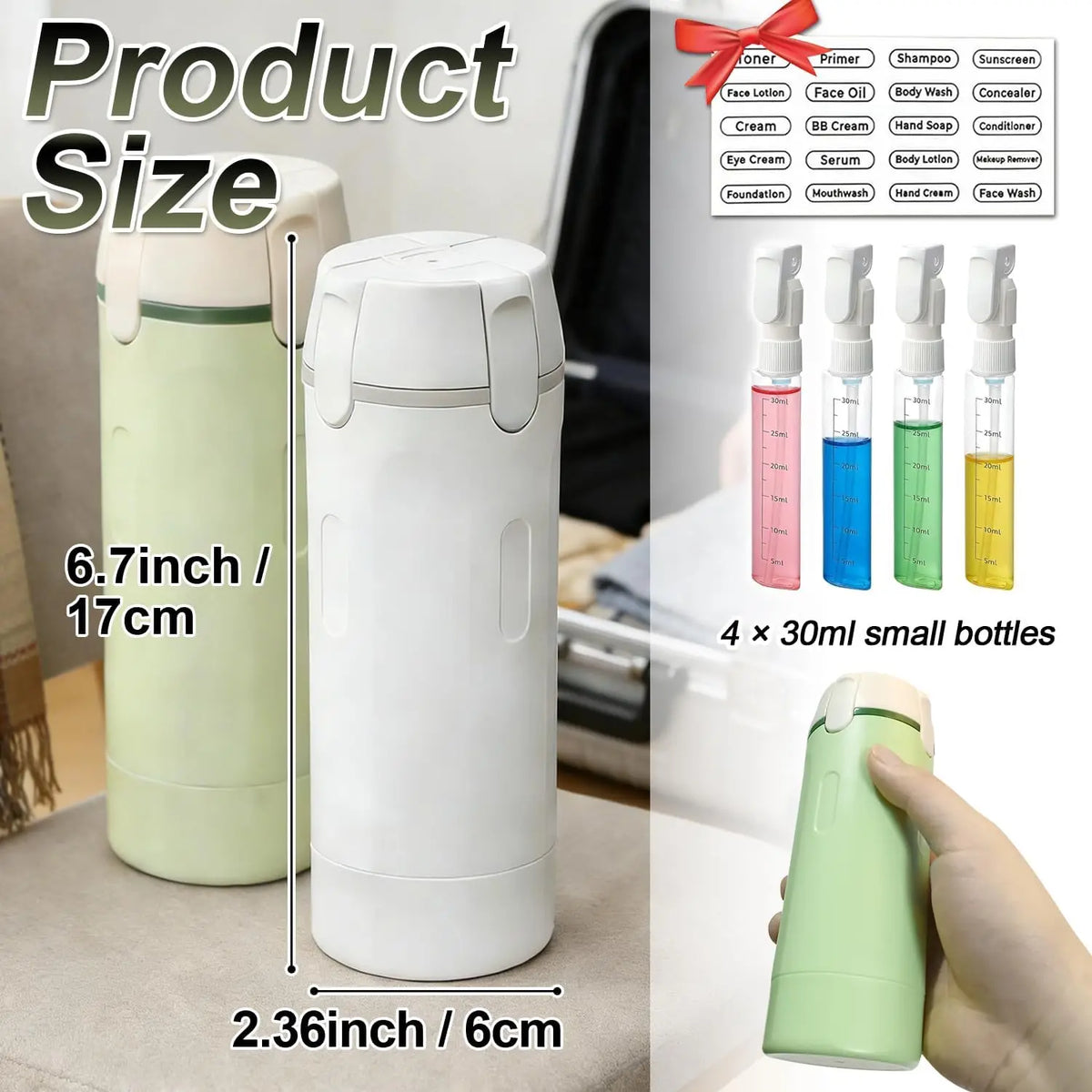 4 in 1 Travel Dispenser Bottles,4Pcs 30ML Leak Proof Pump Bottle with Label Stickers,Portable Refillable Container for Toiletrie